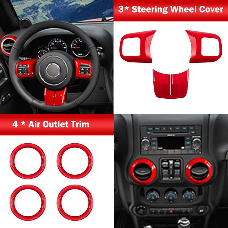 Opall Full Set Interior Decoration Kit - Steering Wheel & Center Console Air Outlet Trim, Door Handle Cover Inner, Passenger Seat Handle Trim for Jeep Wrangler JK JKU (18 X Red) - Image 3